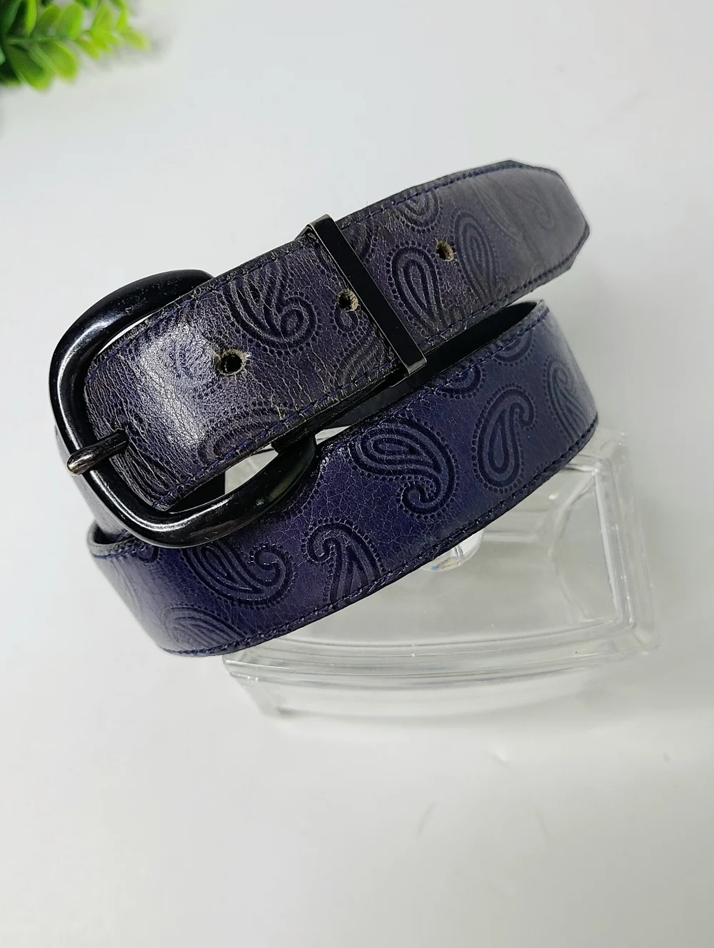Just Jamie Tooled Paisley Navy Distressed  Italian Calfskin Leather Vintage Belt